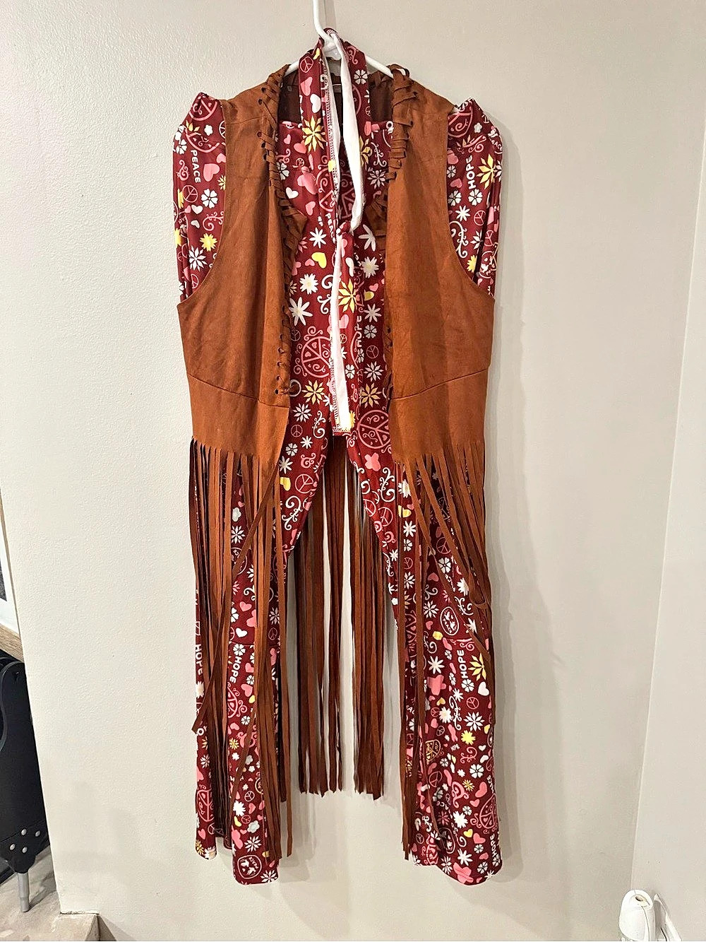 70s Hippie Floral Fringe Leggings Vest Earrings, Necklace Headband Halloween XL